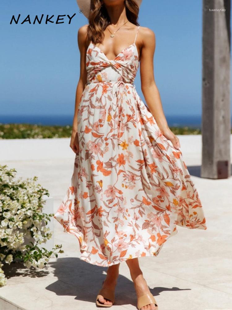 

Casual Dresses NANKEY Summer Sexy Sleeveless Boho Long Dress For Women V-Neck Bohemian Spaghetti Strap Floral Print Vestidos Beach Party, White