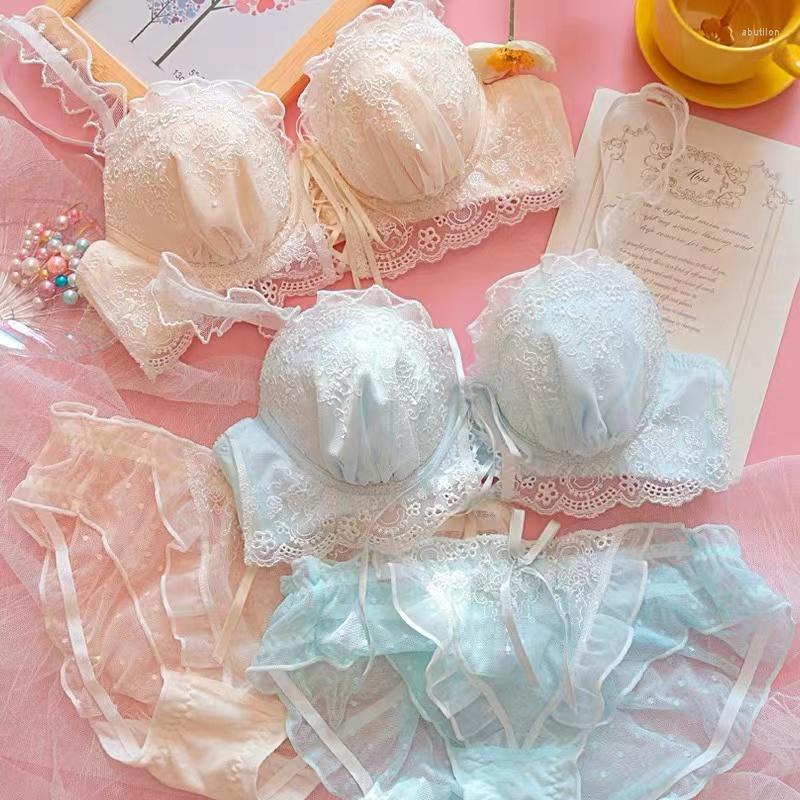 

Bras Sets Japanese Sexy Lace Bra Set Plus Size No Steel Ring Small Chest Cross Ribbon Bow Girls Underwear Gathered Lingerie Brief, As photoes showes