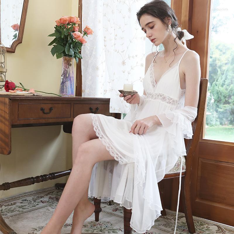 

Women' Sleepwear Bride Wedding Dressing Gown Women Robe Sets 2PCS Lace Nightgown Kimono Sexy V-Neck Sleepshirt Mesh Skirt Summer Loose Home, White