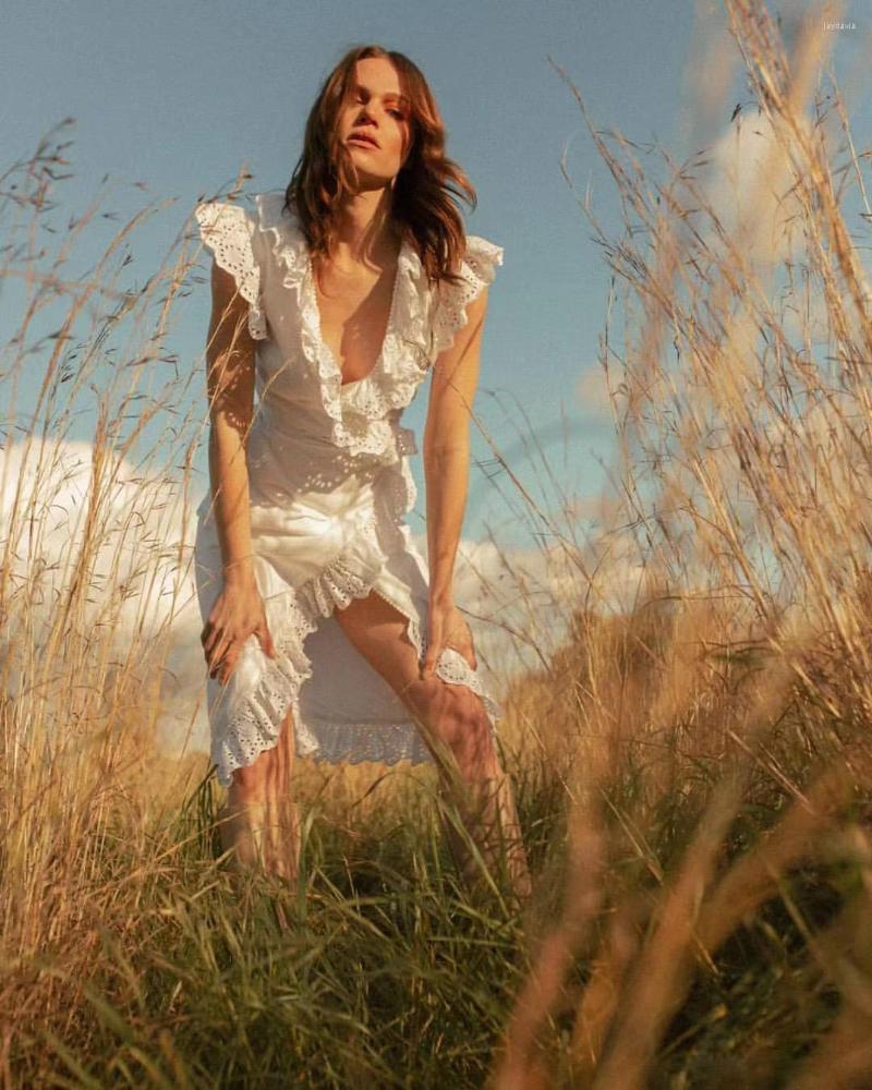 

Casual Dresses Women V-Neck Ruffles Embroidered Organic Cotton Waistband Dress, White
