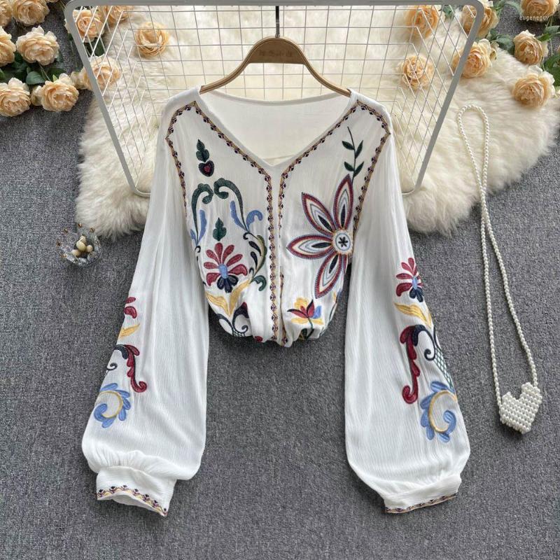 

Women's Blouses Vintage Femininas Embroidery Shirts Floral Flare Sleeve Slim Camisas V-Neck Dress For Women Fashion Autumn 2022, Blue