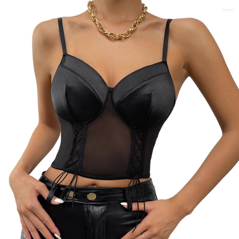 

Women' Tanks Women Sexy Spaghetti Strap Satin Crop Corset V Neck Sleeveless Bustier Slim Fit Clubwear Tops, Black