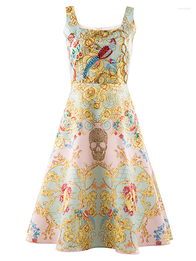 

Casual Dresses Designer 2022 Summer Vintage Dress Women Spaghetti Strap Flower Print Beading Luxury Ladies Fashion Holiday Party, Mixed color