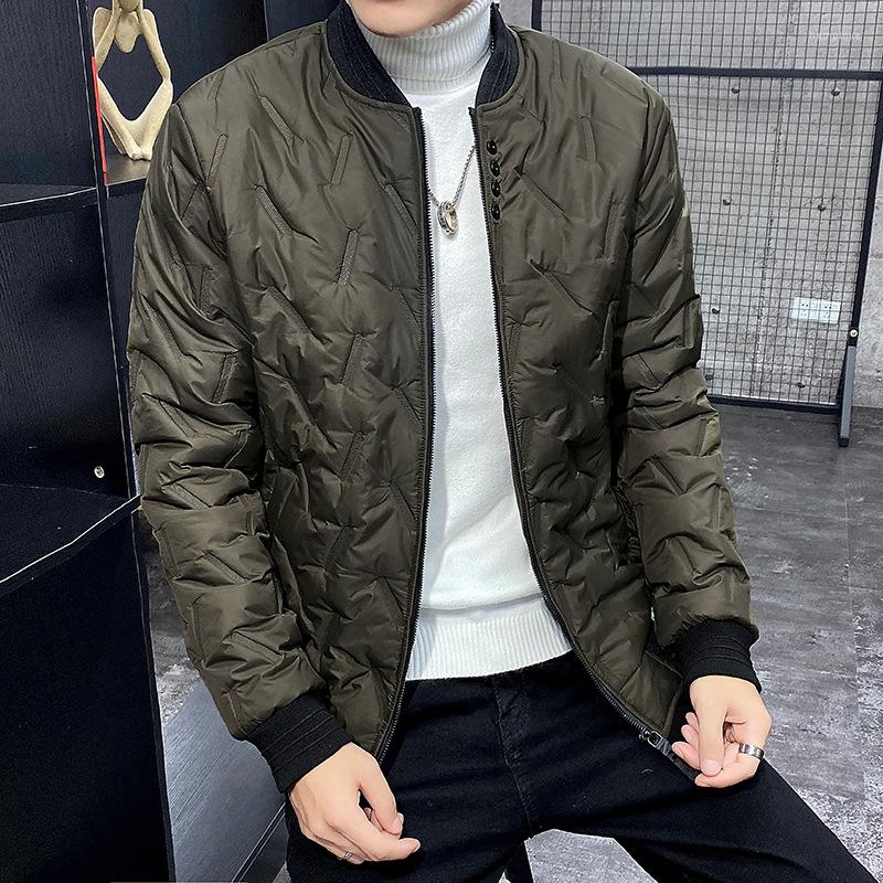 

Men's Down Korean Slim Fit Nylon Cotton Clothes Winter Trend Leisure Thickened Warm Solid Color Baseball, Army green