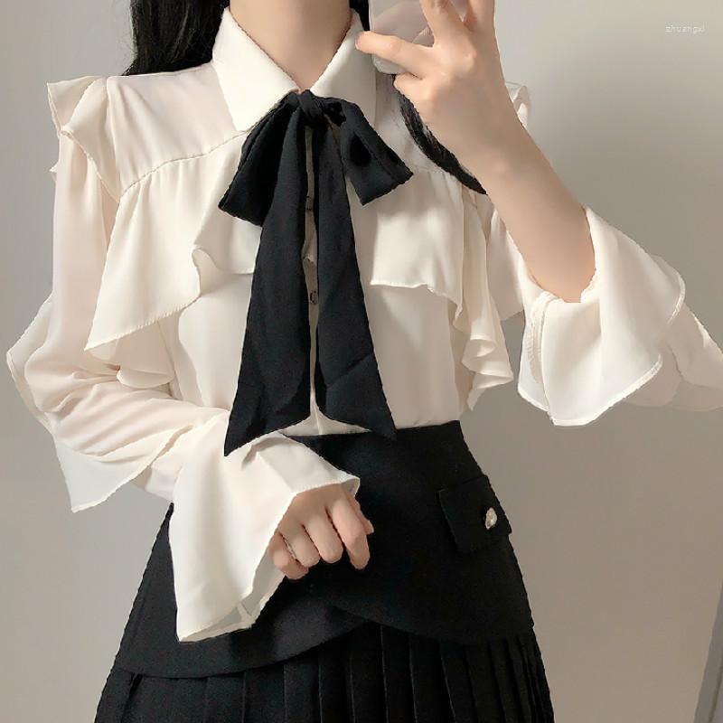

Women' Blouses 2022 Autumn Sweet Ruffle Bowtie Solid Color Long Sleeve Shirt Women Chiffon Blouse Flare Tops Chemise Blusa Mujer, Creamy white