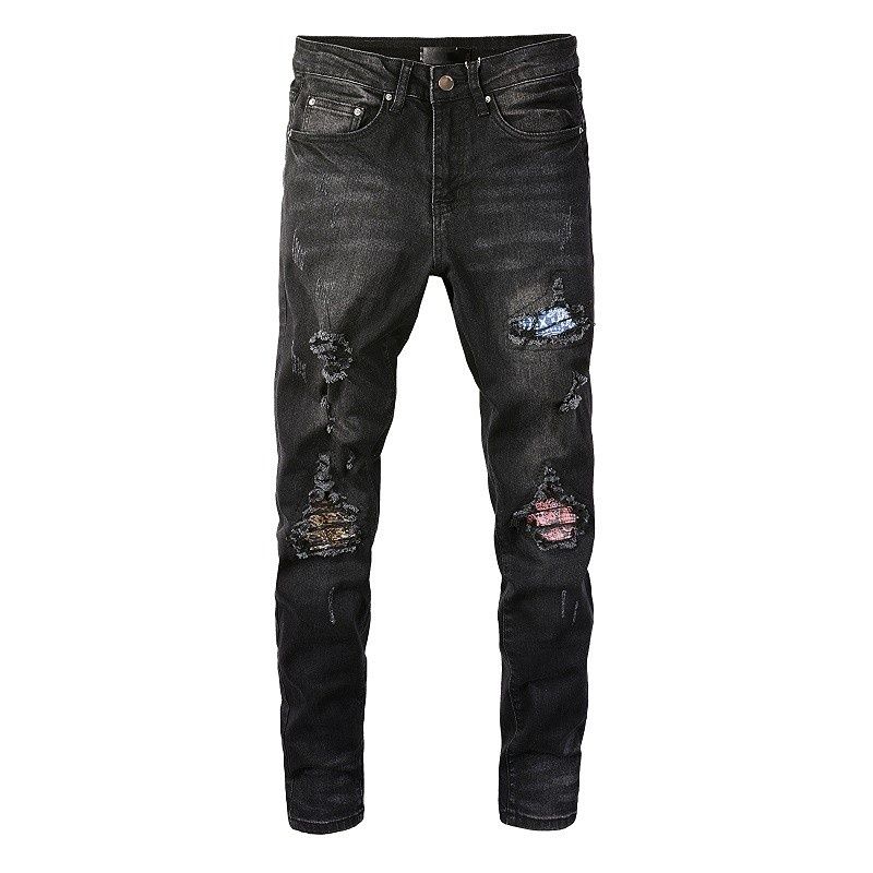 

AMR Pencil Mens Jeans Black Trousers Streetwear Striped Patch Hole Jean For Men Stretch Slim Fit Pants