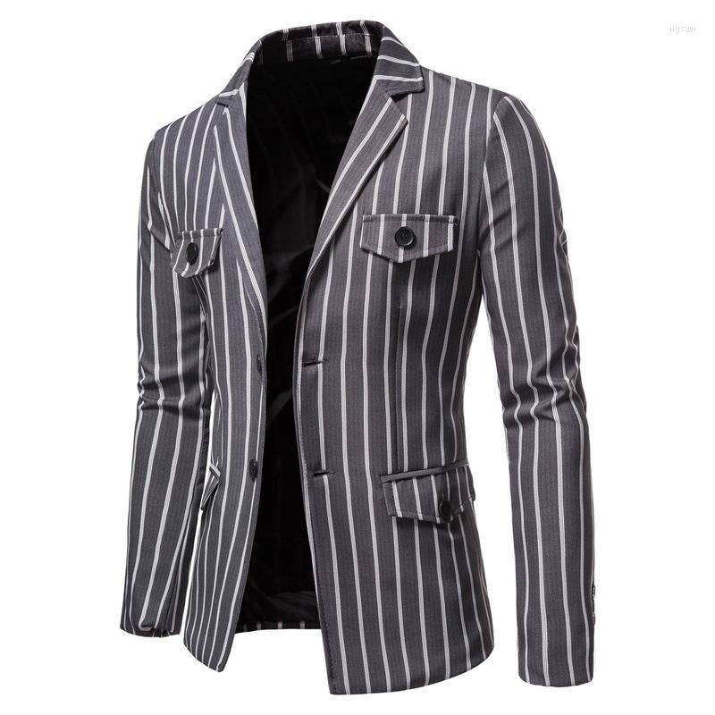 

Men's Suits Flat Collar Men's S Casual Single Breasted Fashion Striped Mens Jacket Autumn Multiple Pockets Blazer Men, Xf137