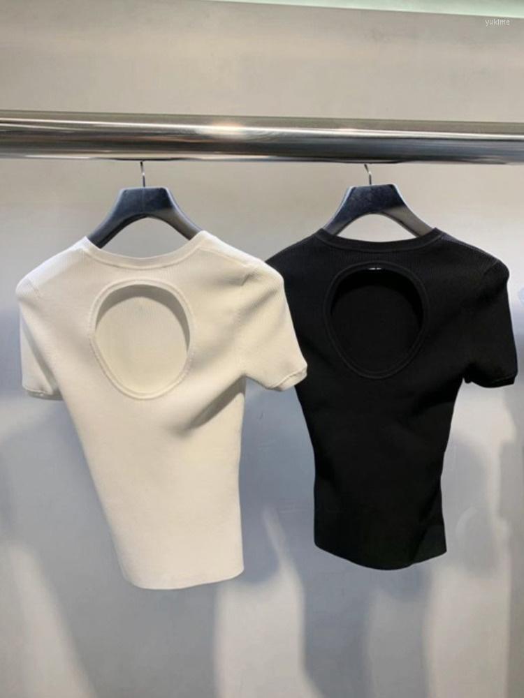 

Women' T Shirts Spring Summer Round Neck Pullover Open Back Knitted T-shirt Slim Body Show Short Sleeve Women Autumn 2022, Black