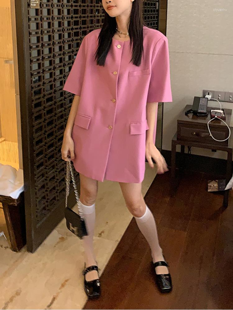 

Women's Suits Summer Thin Short Sleeve Blazer Women Korean Style Solid Color Single Breasted O-neck Loose Suit Jacket Vintage Casual Coat, Pink
