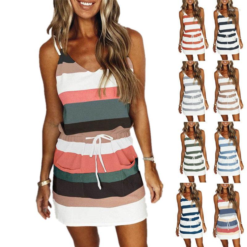 

Casual Dresses Europe And The United States Summer Women' Halter Loose Print Striped Undershirt Long, Beige