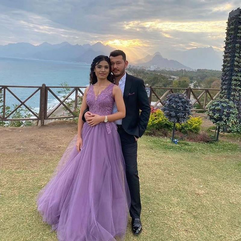 

Party Dresses Tulle Long Prom V Neck Lace Applique Robe Marriage Women Wear Sleeveless A Line Evening Vestidos, Black