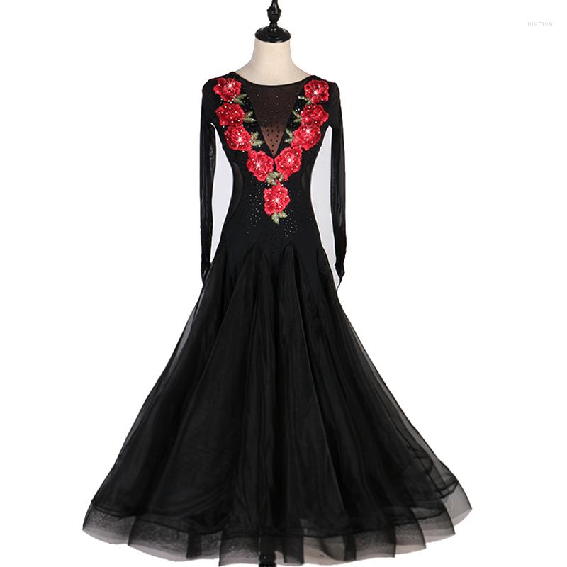 

Stage Wear Ballroom Dance Dresses Long Sleeve Foxtrot Embroidery Rose Flower Women Waltz Dress White Blue MQ032, Picture shown