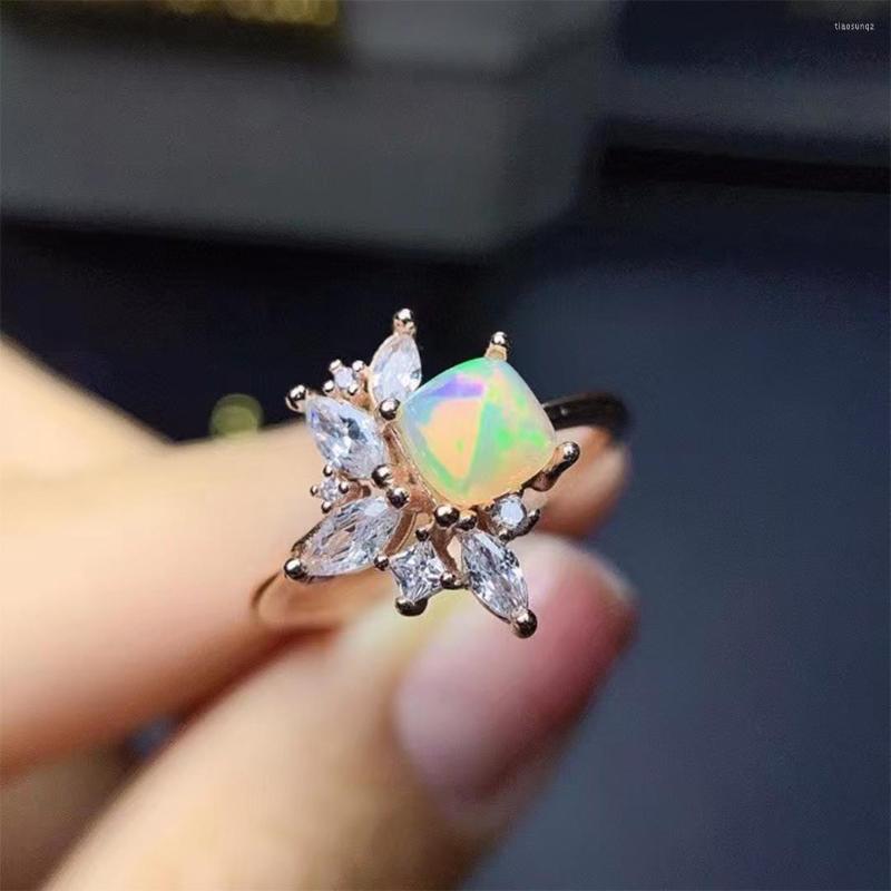 

Cluster Rings Natural Opal Ring Fire Engagement 925 Sterling Silver Trendy Elegant Women's Girl Gift Jewelry
