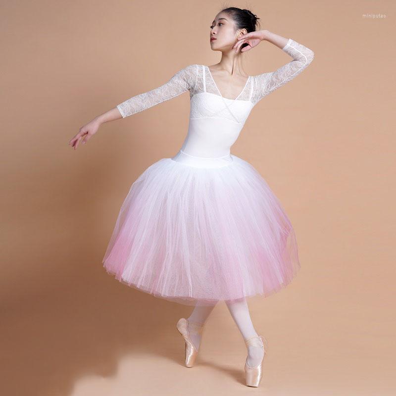 

Stage Wear 2022 Fairy White Lace Leotards For Women Ballet Dance Costume Long Sleeves Bodysuit Practice Clothes Tutu Dress Adult