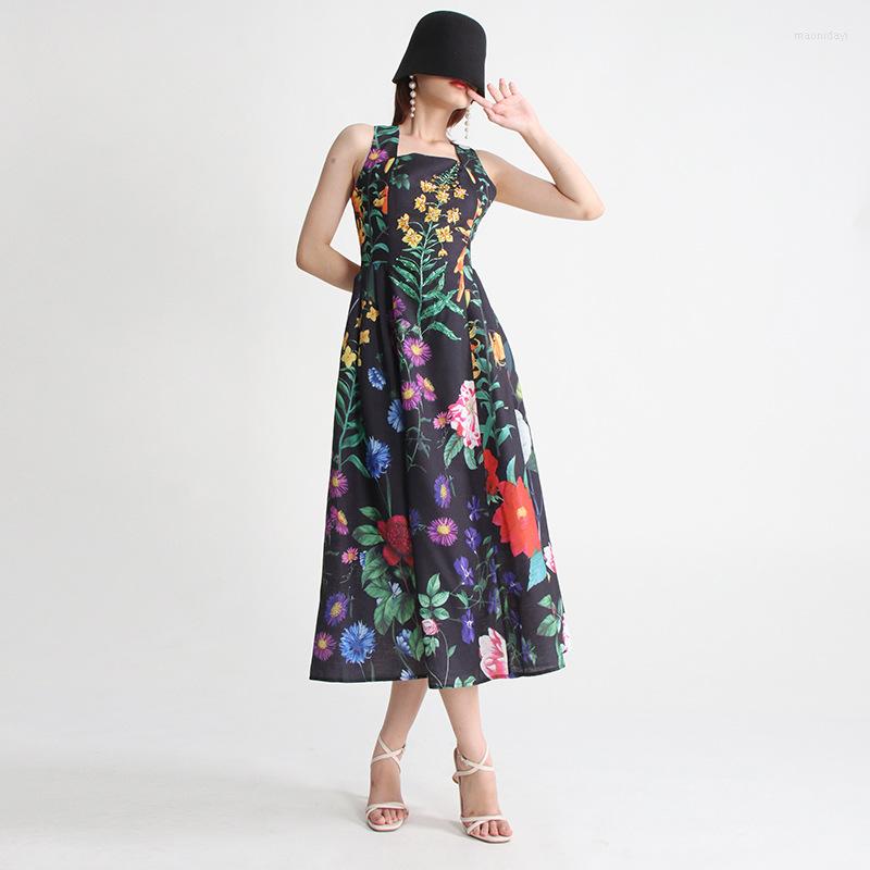 

Casual Dresses Elegant Floral Printing Women Long Party Dress Runway Fashion Luxury Beading Decoration Sleeveless For 2022, Floral print