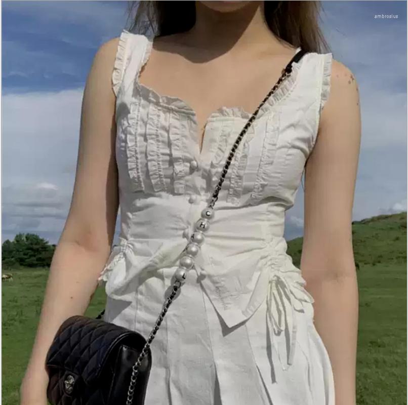 

Women' Tanks Women Summer Vintage White Vest Sexy U-Neck Single Breasted Edible Tree Crop Top Cute Sweet Lolita Style Tank Tops