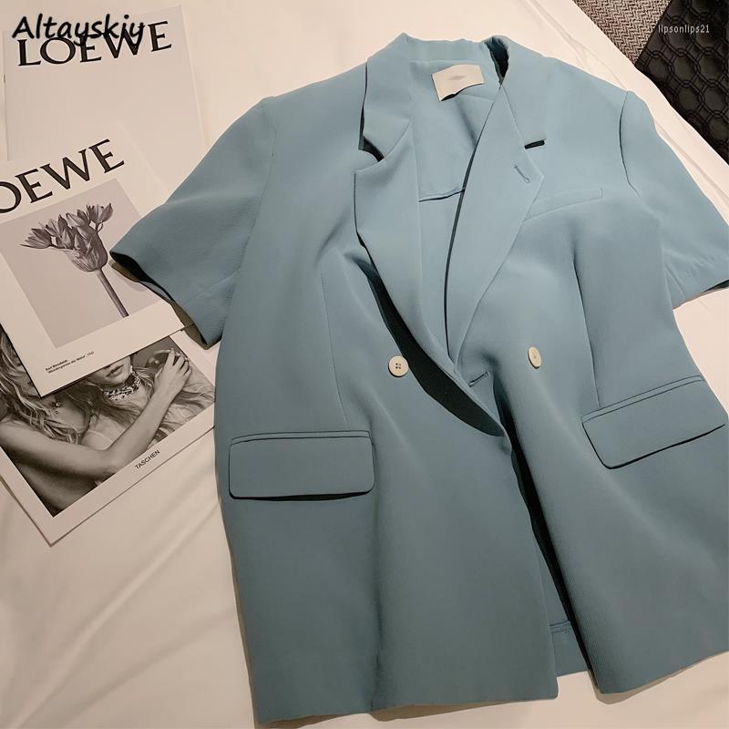 

Women' Suits Blazers Women Casual Blue Elegant Lady Short Sleeve Loose Button Tender Gentle Summer England Style Ulzzang Female Clothing