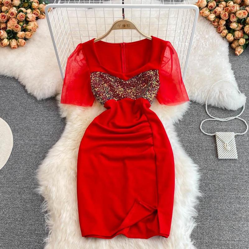 

Party Dresses Sexy Sequins Glitter Mini Dress Women Fashion Summer Mesh Patchwork Short Sleeve Square Collar Slim Bodycon Club, Black