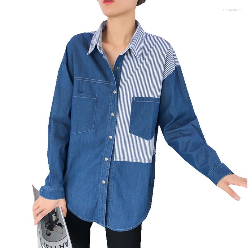 

Women' Blouses Fashion Spring Autumn Women Stripe Contrast Colour Turn-down Collar Long Sleeves Pocket Blouse Loose Denim Shirt Casual Tops, Blue
