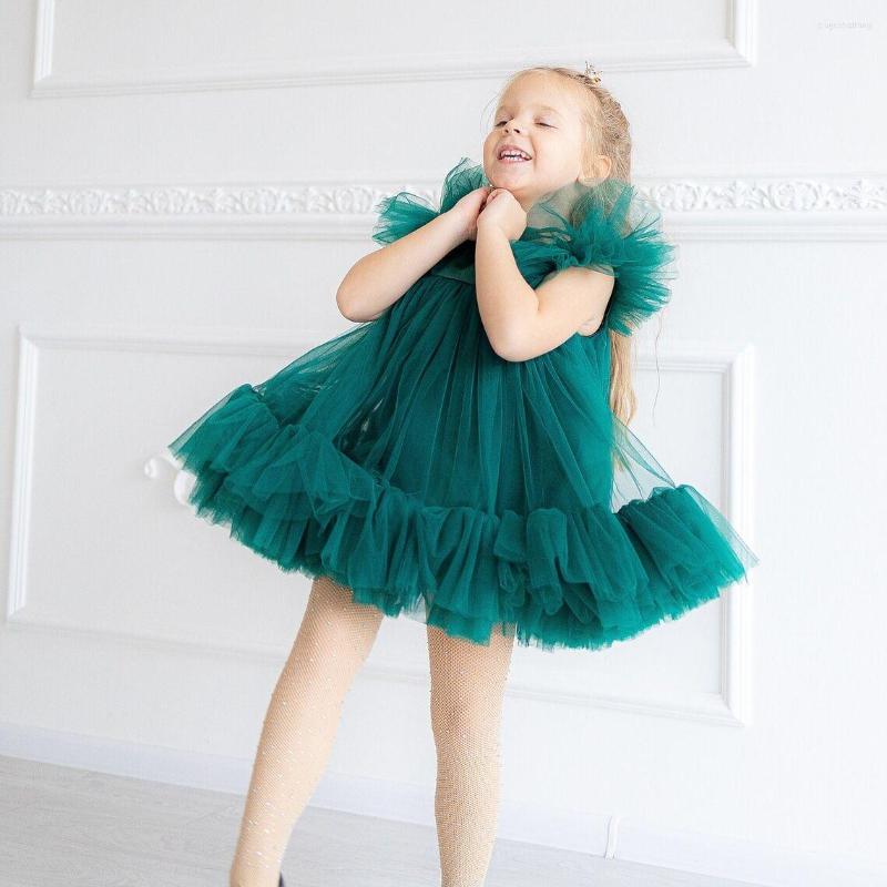 

Girl Dresses Emerald Green Tulle Flower Cap Sleeve Short Layered Pageant Dress Baby Girls Birthday Outfit, Black