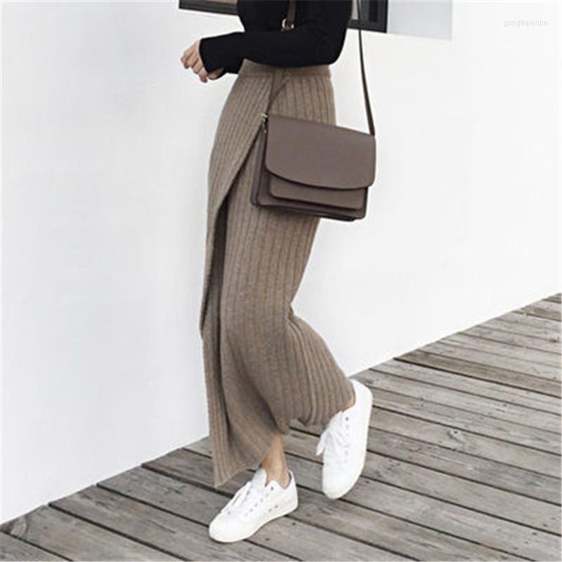 

Skirts Autumn Winter Knitting Skirt High Waist OL Long Pencil Women Open Slit Knitted Casual Vintage Maxi PZ1272, Black