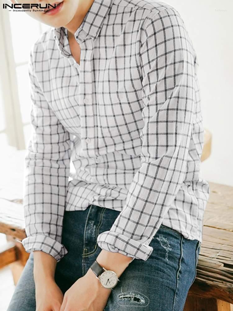 

Men' Casual Shirts Stylish Well Fitting Tops INCERUN Men' Plaid Blouse Streetwer All-match Male Long Sleeve Lapel Button -5XL 2022, White