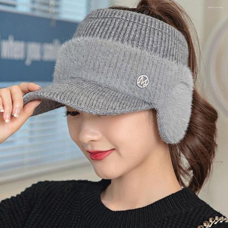 

Visors Warm Hat Women Autumn Winter Empty Top Cap Thickened Knitted Outdoor Ear Protection Cold-proof, Black