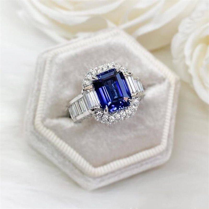 

Luxury Jewelry Wedding Rings 925 Sterling Silver Princess Cut Blue Sapphire CZ Diamond Moissanite Party Women Engagement Bridal Ring For Lover Gift