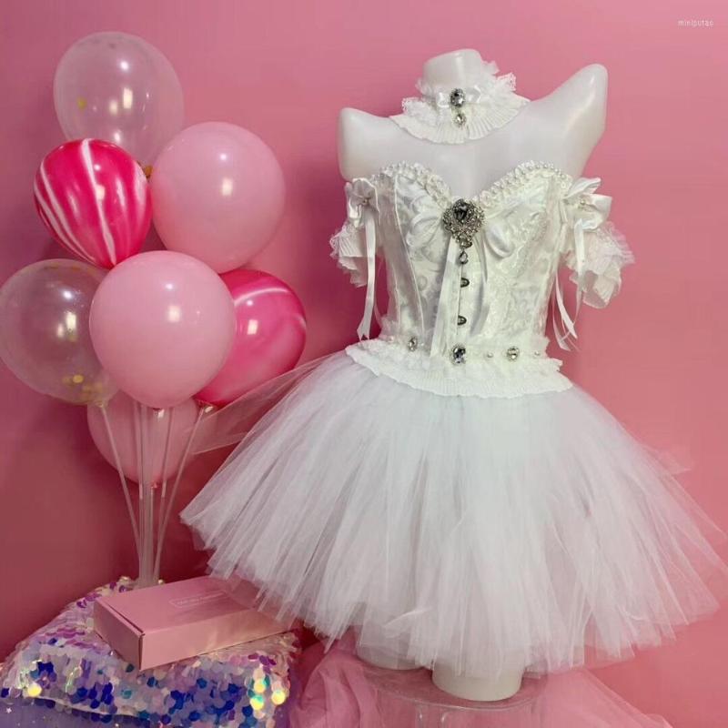 

Stage Wear Sexy Bar Birthday Party Prom Outfit Lady White Pearl Crystals Tops Mesh LED Mini Skirt 3 Pieces Set Nightclub Costume, White not led