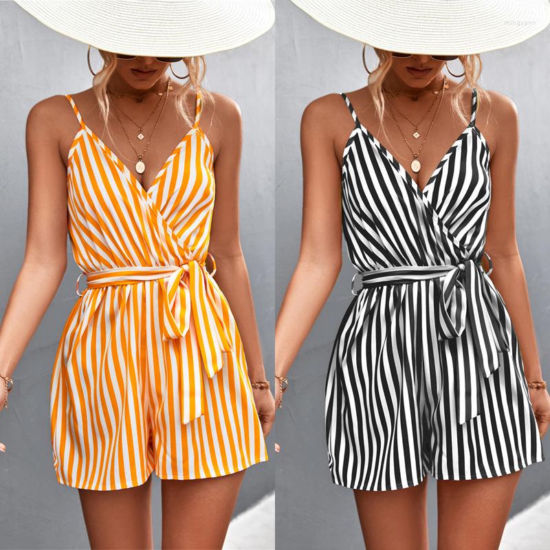 

Women' Tracksuits Women' 2022 Spring And Summer Sexy V-neck Striped Suspender Jumpsuit Printed Stitching, Black