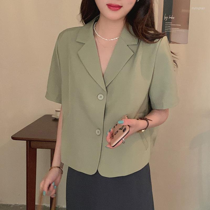 

Women's Suits Korea Chic Summer Retro Simple Lapel Two Buttons Loose Solid Color Thin Short-Sleeved Suit Jacket, Brown