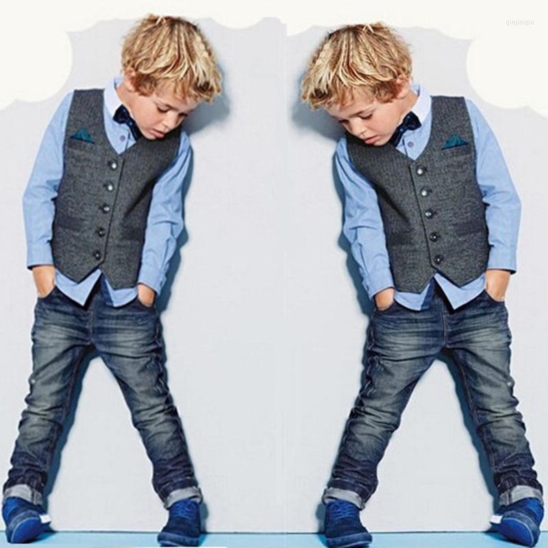 

Clothing Sets Boys Blouse Jeans Vest 3pcs Clothes Set Denim Pants Shirt With Bow Gentleman Costume Crianca Roupas, Gray