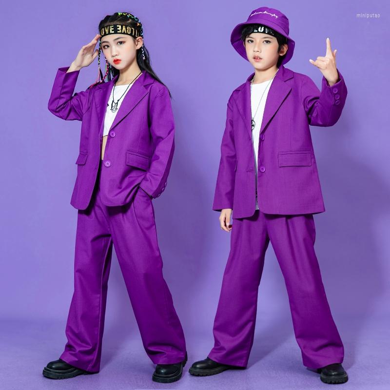 

Stage Wear Girls Purple Suit Blazer Pants 2pcs Modern Dance Clothes Sets Teenagers Hip Hop Costume Boys Concert Kids Fashion Kpop Outfit
