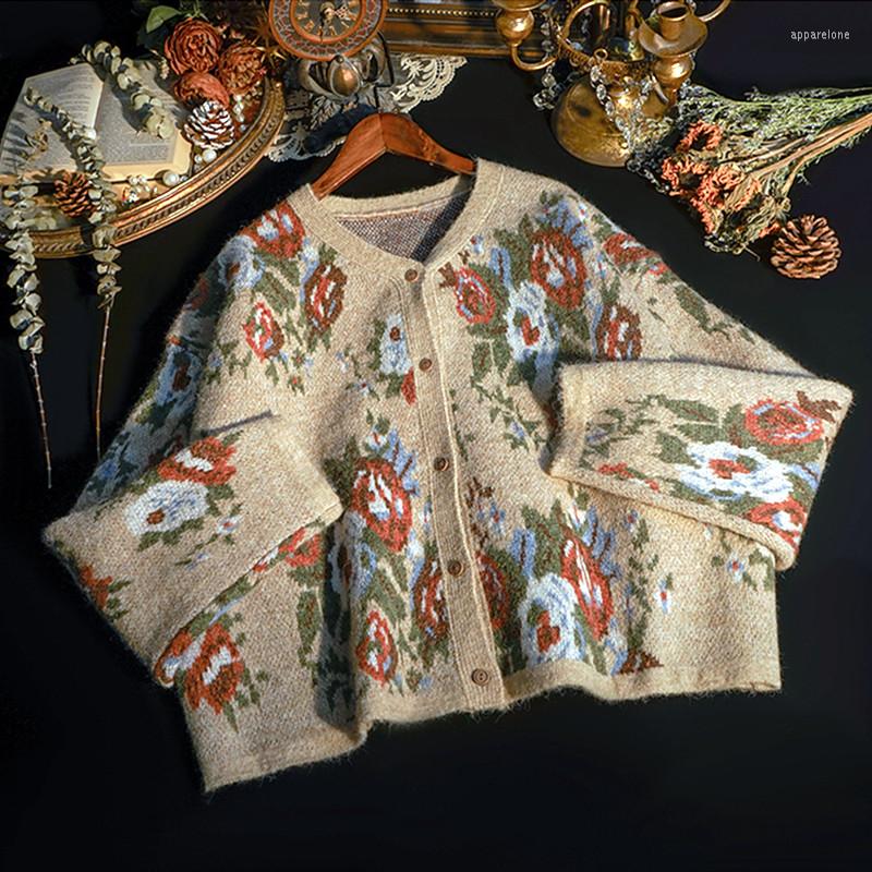 

Women's Knits Ins Chic Vintage Flowers Print Loose Sweaters Coat Women Elegant O Neck Office Tops Cardigan Spring Autumn Knit Coats NS179, Khaki