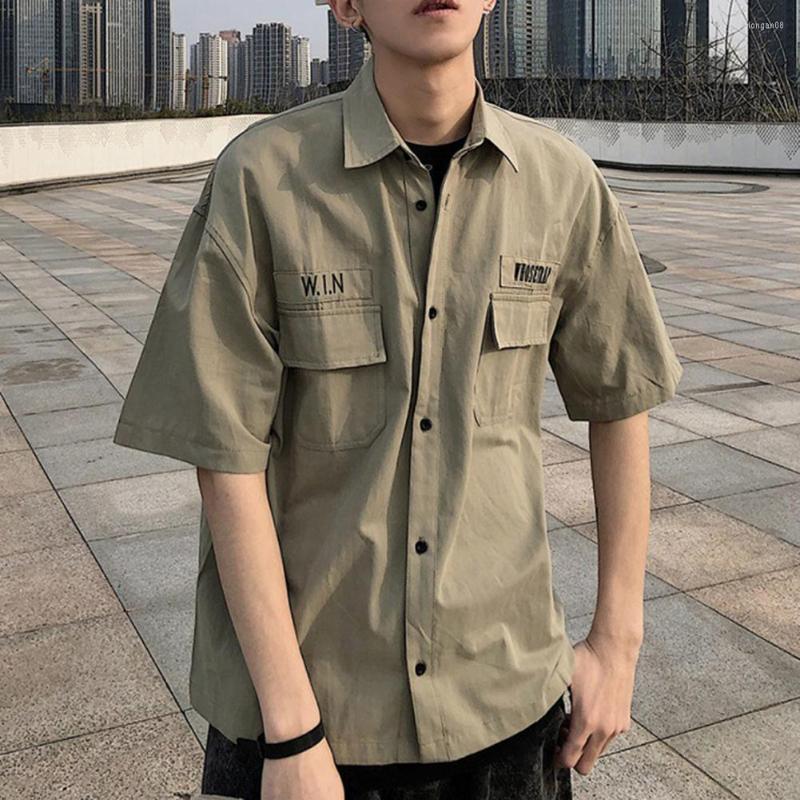 

Men's Casual Shirts Summer Women Cargo Shirt Solid Color Short Sleeves Loose Multi Pockets Turn-down Collar For Men Camisa Masculina 2022, Army green