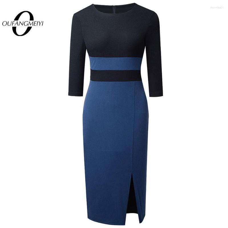 

Casual Dresses Autumn Women Classy Color Block Side Slit Formal Party Vintage Bodycon Slim Dress EB755, Blue