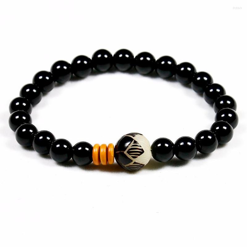 

Strand 8mm Black Onyx Natural Stone Beads With Tibetan Mala Bodhi Lotus Handcrafted Bracelet For Women And Men Yoga Jewelry
