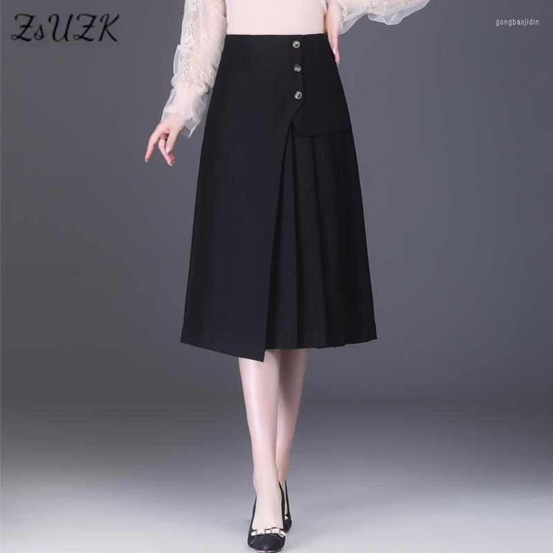 

Skirts ZUZK High Quality Fold A-Line Skirt For Women Autumn Winter Waist Mid-Length Office Lady Suit Black Khaki Work Wear