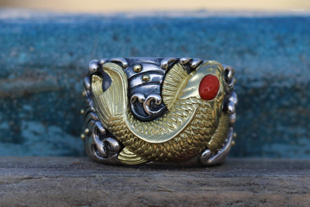 

Cluster Rings 925 Sterling Silver MENS Retro Big Fish Handmade Ring Jewelry A5242