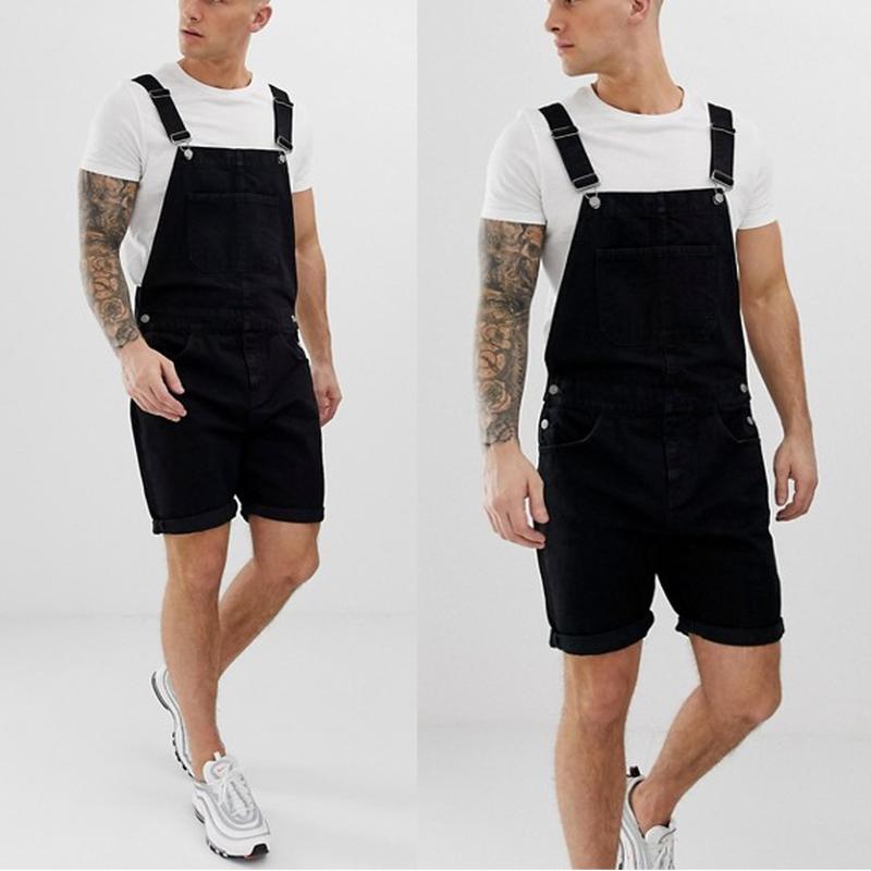 

Men' Jeans Retro Men  Denim Hole In Shorts Conjoined Tooling Overalls, Black