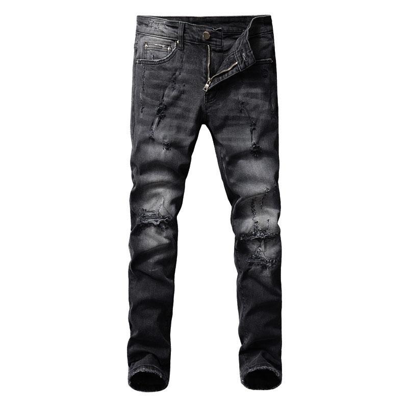 

Men's Jeans American Streetwear Fashion Men High Quality Retro Black Gray Slim Fit Ripped Designer Hip Hop Denim Punk Pants