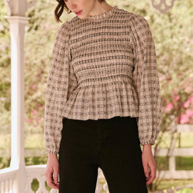 

Women' Blouses Women Plaid Blouse Pleated Waist Lantern Long Sleeve Casual Shirt