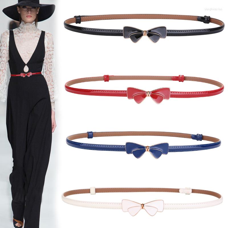 

Belts Cowhide Women Belt Fashion Thin Cow Leather Female Strap Golden Bow Alloy Enamel Buckle Jean Dress Arrival Adjust Waistband, White