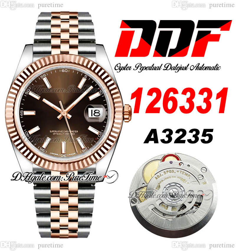 

DDF Date 126331 A3235 Automatic Mens Watch 41 Fluted Bezel Two Tone Rose God Brown Stick Dial 904L OysterSteel Bracelet Super Edition Same Series Card Puretime B2