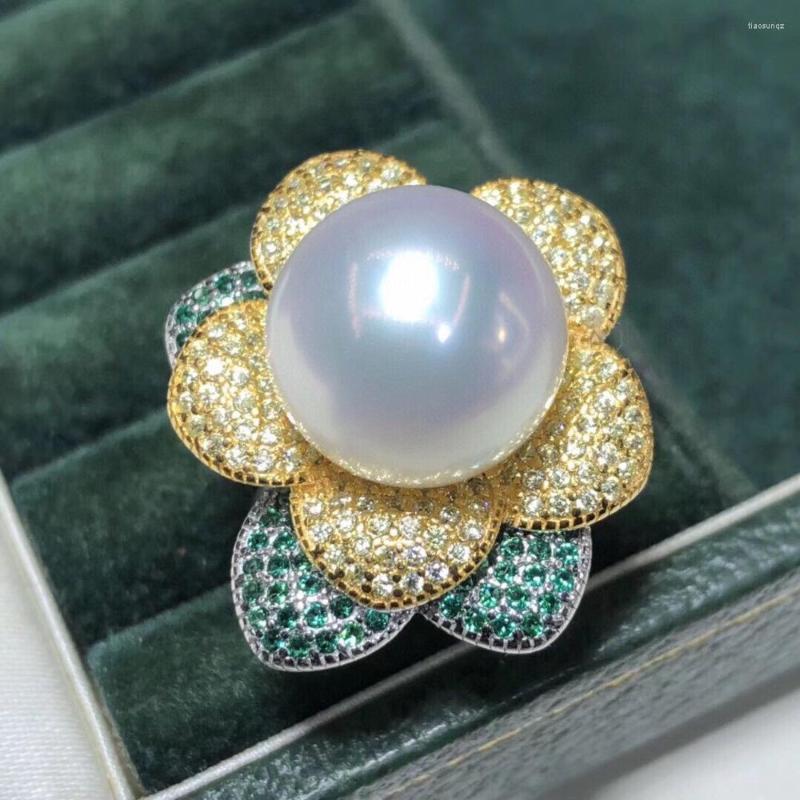 

Cluster Rings D609 Pearl Ring Fine Jewelry 925 Sterling Silver Round 12-13mm Zircons Nature Fresh Water White Pearls For Women Presents