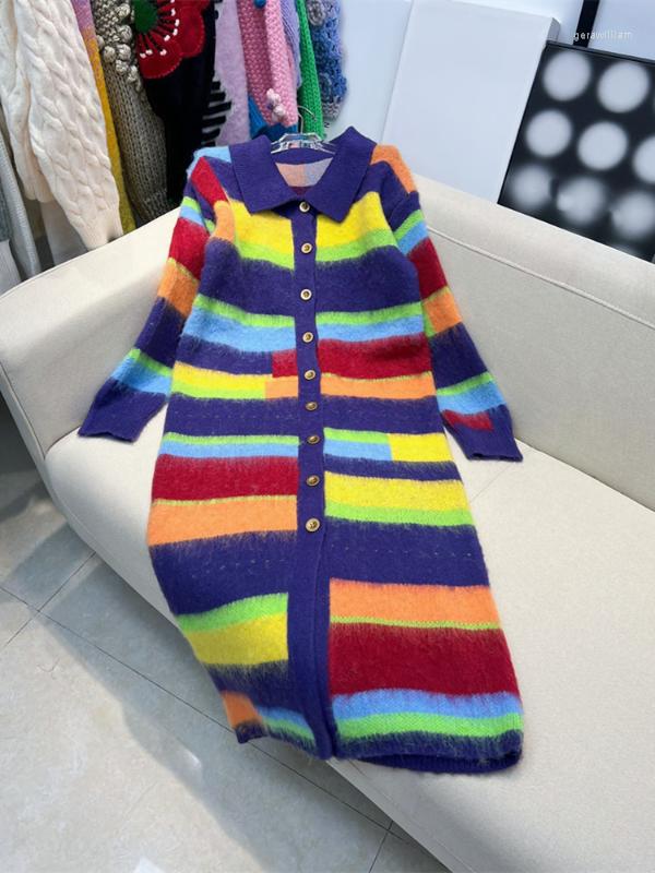 

Women' Knits Long Cardigan Women Retro Rainbow Striped Knitted Fashion Stripes Contrast Single Breasted Sweater Casual Loose Tops, Multi