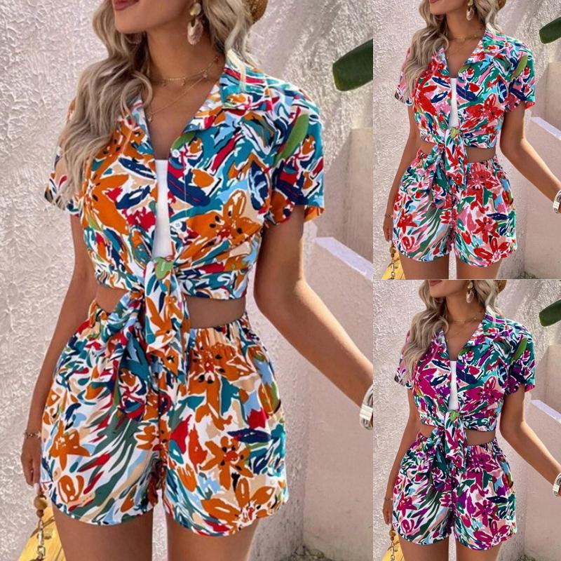 

Women' Tracksuits Summer Women' Casual Suit Vacation Printed Button Lapel Short Sleeve Shirt Tops Blouse High Waist Shorts Two Piece, Orange
