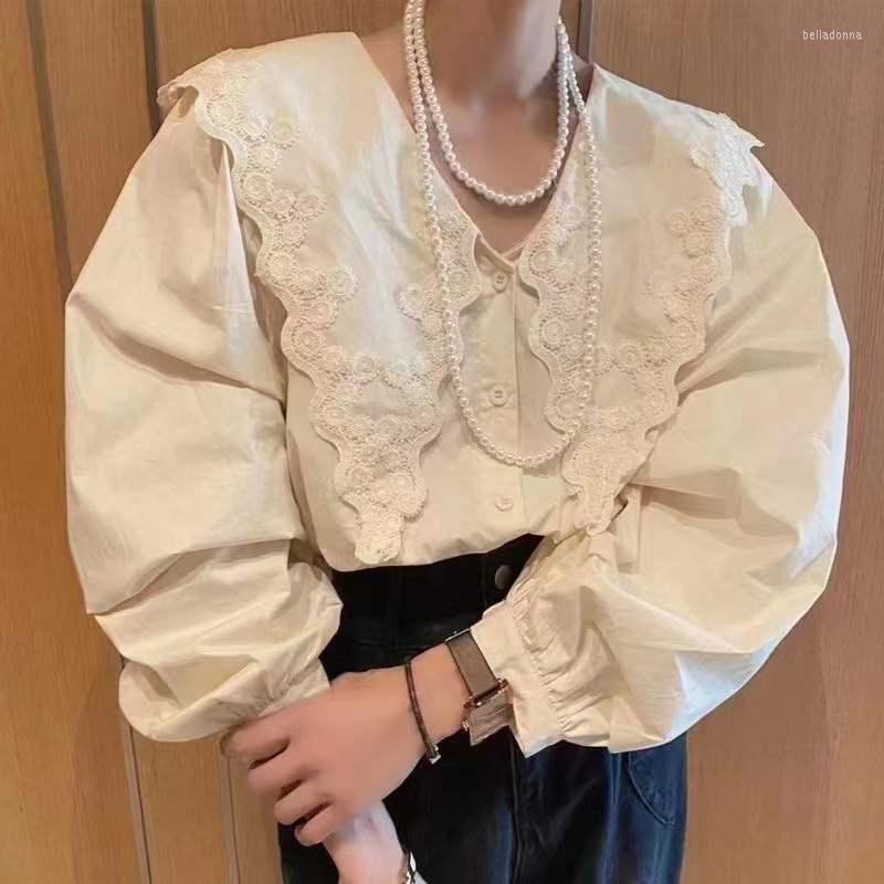 

Women's Blouses Chic Korean Puff Sleeve Lace Blouse Women Spring 2022 Tops Sweet Doll Collar Fairy Shirt Female Temperament 20961, White