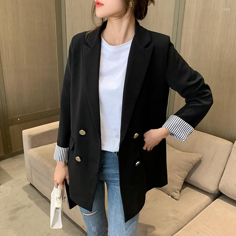 

Women's Suits Women Black Blzer Striped Office Pockets England Korea Casual Loose Female Blazers Jacket Outerwear