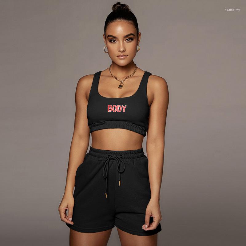 

Women' Tracksuits Selling Women Two-piece Sports Clothes Set U-shaped Collar Sleeveless Crop Tops And Elastic Waist Shorts, Black